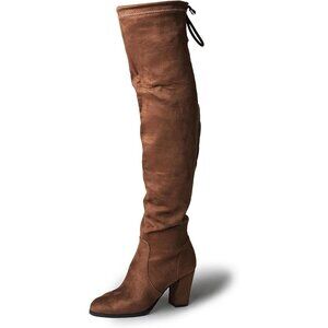 Women Khaki Vegan Suede Polyurethane Over-the-Knee Chunky Heel Rounded Toe Boot